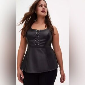 Torrid Black Faux Leather Lace-Up Peplum Blouse